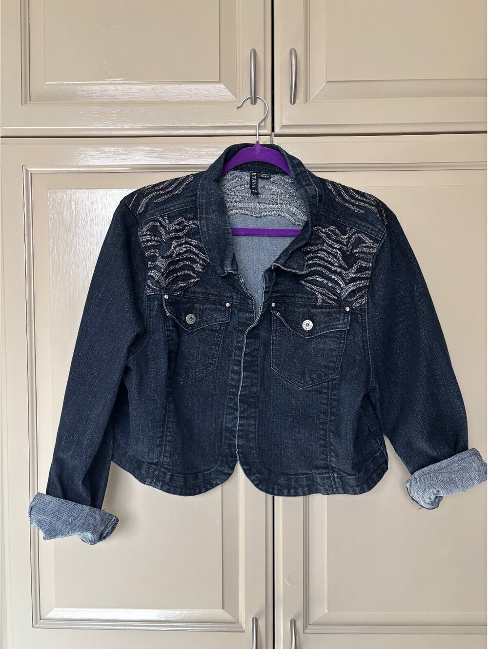Ethyl Dark Wash Cropped Denim Jacket Embroidered Yoke XL